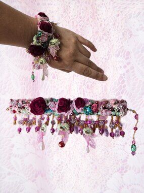 Handmade Burgundy Wine Velvet Rose and Beaded Bracelet Y2k-Style